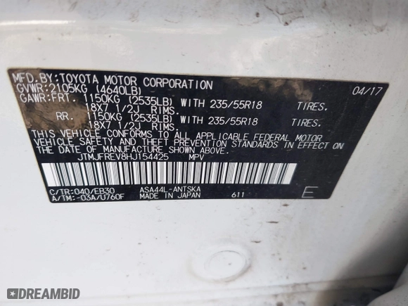 2017 Toyota RAV4 SE with VIN JTMJFREV8HJ154425, listed as a IAAI auction lot 41558304 with 1 mi miles. Bid and sale history available at carsss.com. Image 9.