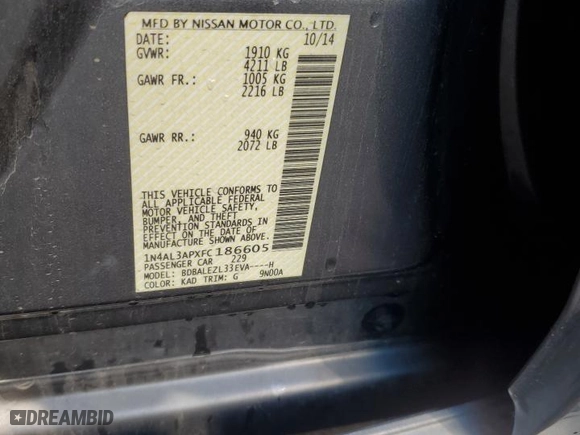 2015 Nissan Altima 2.5 SV with VIN 1N4AL3APXFC186605, listed as a Copart auction lot 48247235 with 0 mi miles and Salvage Title. Bid and sale history available at carsss.com. Image 12.
