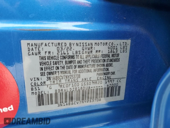 2022 Nissan Sentra SV with VIN 3N1AB8CV7NY253708, listed as a Copart auction lot 50568645 with 48,567 mi miles and Non Repairable. Bid and sale history available at carsss.com. Image 14.