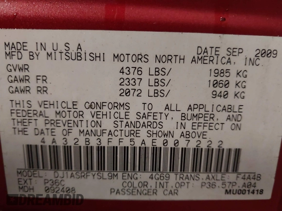 2010 Mitsubishi Galant ES with VIN 4A32B3FF5AE007222, listed as a IAAI auction lot 41486022 with 20,427 mi miles. Bid and sale history available at carsss.com. Image 9.