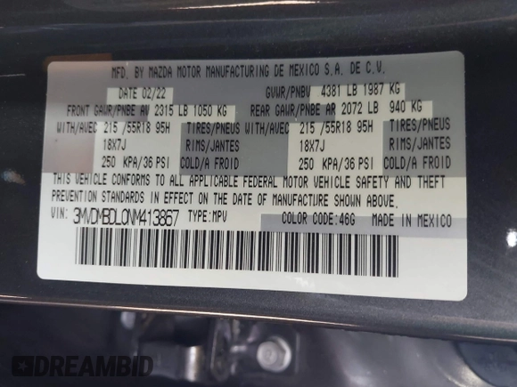 2022 Mazda CX-30 S Premium with VIN 3MVDMBDL0NM413867, listed as a IAAI auction lot 42082560 with 12,375 mi miles and . Bid and sale history available at DreamBid. Image 9.