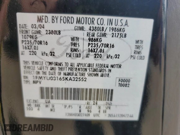 2005 Ford Escape XLT with VIN 1FMYU03165KA32552, listed as a Copart auction lot 59885535 with 179,442 mi miles and Non repairable. Bid and sale history available at DreamBid. Image 12.