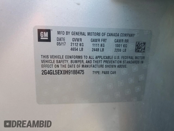 2017 Buick Regal Sport Touring with VIN 2G4GL5EX0H9188475, listed as a Copart auction lot 49152775 with 37,004 mi miles and Salvage Title. Bid and sale history available at DreamBid. Image 12.