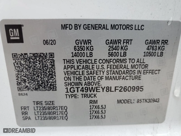2020 GMC Sierra 3500HD Denali with VIN 1GT49WEY8LF260995, listed as a Copart auction lot 43820675 with 100,106 mi miles and Salvage Title. Bid and sale history available at carsss.com. Image 12.