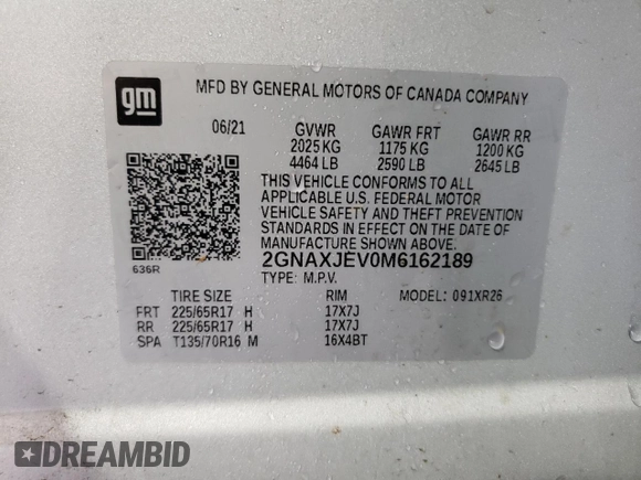 2021 Chevrolet Equinox LT with VIN 2GNAXJEV0M6162189, listed as a Copart auction lot 58557595 with 225,377 mi miles and Clean title. Bid and sale history available at DreamBid. Image 13.