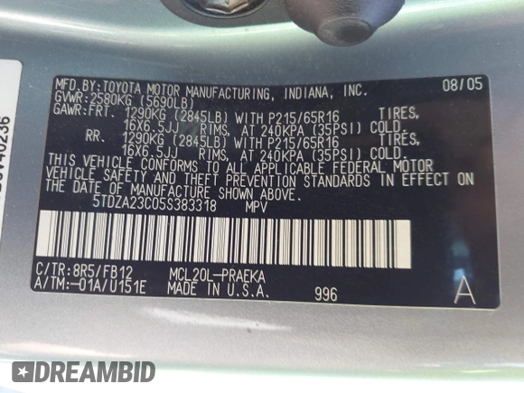2005 Toyota Sienna CE с VIN 5TDZA23C05S383318, выставлен на аукционе IAAI как лот 42538139 с пробегом 177 088 миль миль и . История ставок и продаж доступна на DreamBid. Изображение 9.