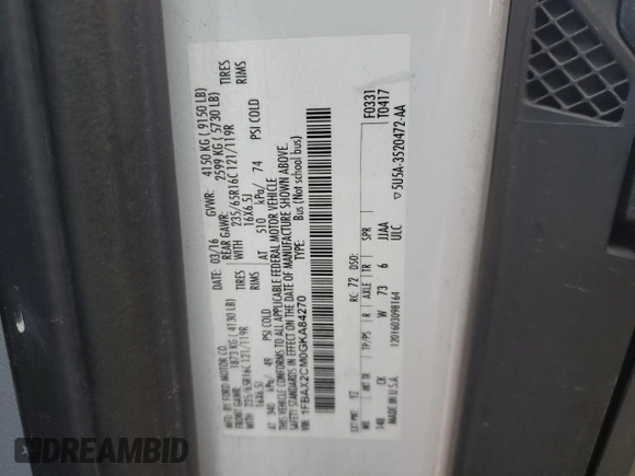 2016 Ford Transit XL with VIN 1FBAX2CM0GKA84270, listed as a Copart auction lot 43734645 with 97,231 mi miles and Salvage title. Bid and sale history available at DreamBid. Image 14.