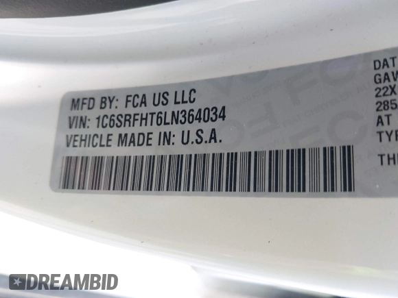 2020 Ram 1500 Limited with VIN 1C6SRFHT6LN364034, listed as a IAAI auction lot 41963839 with 51,902 mi miles. Bid and sale history available at carsss.com. Image 9.