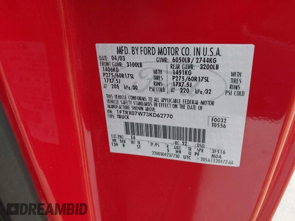 2003 Ford F-150 XL with VIN 1FTRX07W73KD62770, listed as a IAAI auction lot 41451484 with Not provided miles and . Bid and sale history available at DreamBid. Image 9.