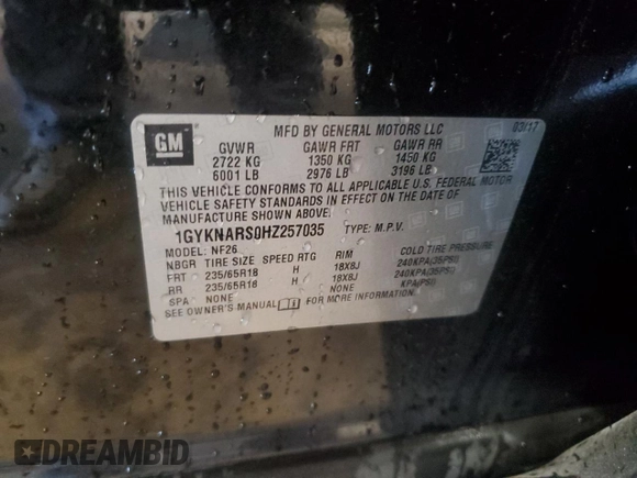 2017 Cadillac XT5 FWD with VIN 1GYKNARS0HZ257035, listed as a Copart auction lot 64284525 with 102,605 mi miles and Salvage title. Bid and sale history available at DreamBid. Image 13.