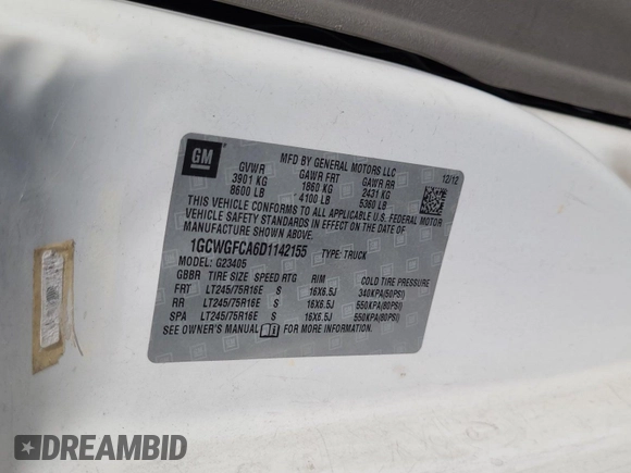 2013 Chevrolet Express Cargo with VIN 1GCWGFCA6D1142155, listed as a IAAI auction lot 42670323 with 213,723 mi miles and . Bid and sale history available at DreamBid. Image 3.
