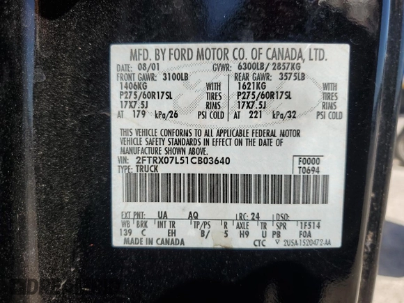 2001 Ford F-150 XL with VIN 2FTRX07L51CB03640, listed as a Copart auction lot 47584695 with 127,273 mi miles and Salvage Title. Bid and sale history available at carsss.com. Image 14.