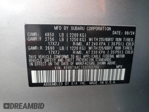 2025 Subaru Outback with VIN 4S4BTAAC7S3153700, listed as a Copart auction lot 48008195 with 4,066 mi miles and Salvage Title. Bid and sale history available at carsss.com. Image 15.