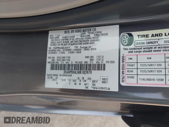 2011 Ford Fusion SE with VIN 3FAHP0HA5BR183979, listed as a IAAI auction lot 42066401 with 205,154 mi miles. Bid and sale history available at carsss.com. Image 9.