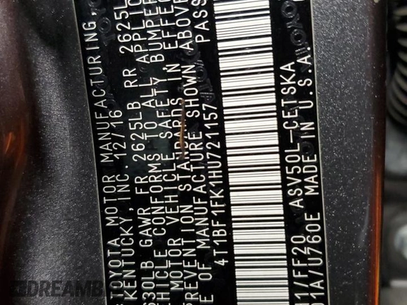 2017 Toyota Camry XLE z VIN 4T1BF1FK1HU721157, wystawiony jako Copart lot #55772635 z przebiegiem 178 665 mil mil oraz Szkoda całkowita • Salvage title. Historia ofert i sprzedaży dostępna na DreamBid. Obrazek 12.