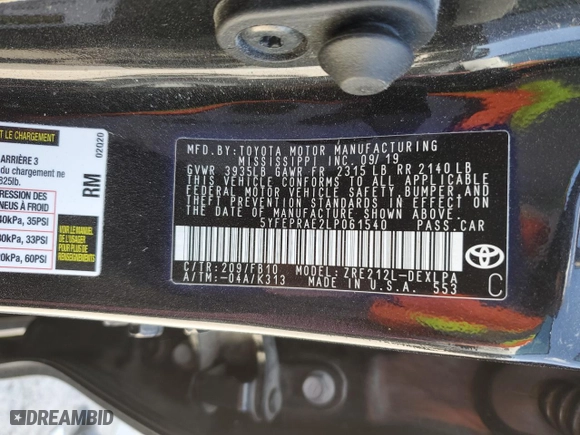 2020 Toyota Corolla LE with VIN 5YFEPRAE2LP061540, listed as a Copart auction lot 49571975 with 96,243 mi miles and Salvage Title. Bid and sale history available at carsss.com. Image 14.