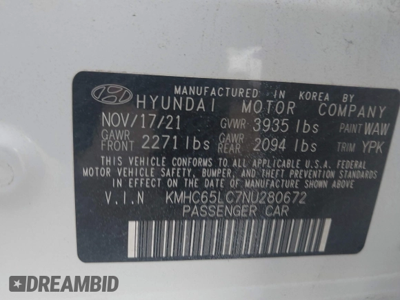 2022 Hyundai Ioniq Blue with VIN KMHC65LC7NU280672, listed as a IAAI auction lot 42432826 with 11,486 mi miles and . Bid and sale history available at DreamBid. Image 9.