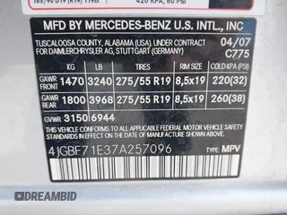 2007 Mercedes-Benz GL-Class with VIN 4JGBF71E37A257096, listed as a IAAI auction lot 42069264 with 122,244 mi miles. Bid and sale history available at carsss.com. Image 9.