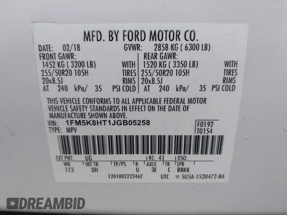 2018 Ford Explorer Platinum with VIN 1FM5K8HT1JGB05258, listed as a IAAI auction lot 42431183 with 73,449 mi miles and . Bid and sale history available at DreamBid. Image 9.