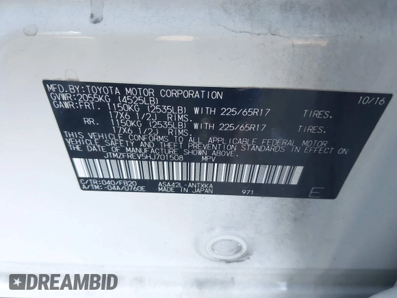 2017 Toyota RAV4 LE with VIN JTMZFREV5HJ701508, listed as a IAAI auction lot 41854606 with 175,000 mi miles and . Bid and sale history available at DreamBid. Image 9.