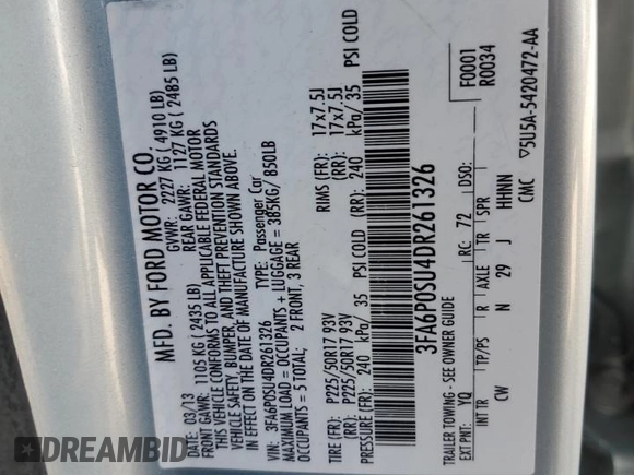 2013 Ford Fusion Titanium with VIN 3FA6P0SU4DR261326, listed as a Copart auction lot 55356385 with 198,273 mi miles and Salvage title. Bid and sale history available at DreamBid. Image 12.