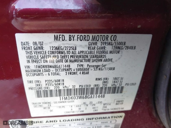 2008 Ford Taurus X Limited with VIN 1FMDK03W68GA11448, listed as a IAAI auction lot 41742657 with 197,694 mi miles. Bid and sale history available at carsss.com. Image 9.