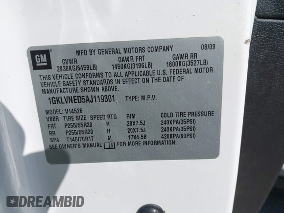 2010 GMC Acadia SLT2 with VIN 1GKLVNED5AJ119301, listed as a IAAI auction lot 41882770 with 159,641 mi miles and . Bid and sale history available at DreamBid. Image 9.
