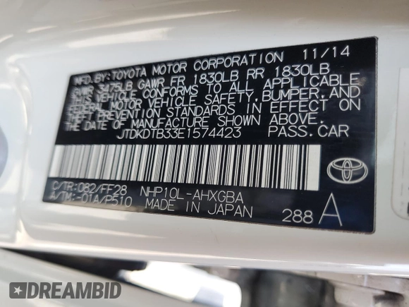 2014 Toyota Prius One z VIN JTDKDTB33E1574423, wystawiony jako Copart lot #59935115 z przebiegiem 160 050 mil mil oraz Szkoda całkowita • Salvage title. Historia ofert i sprzedaży dostępna na DreamBid. Obrazek 12.