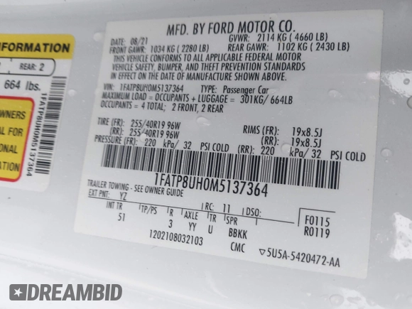 2021 Ford Mustang EcoBoost with VIN 1FATP8UH0M5137364, listed as a IAAI auction lot 41013380 with 31,526 mi miles. Bid and sale history available at carsss.com. Image 9.