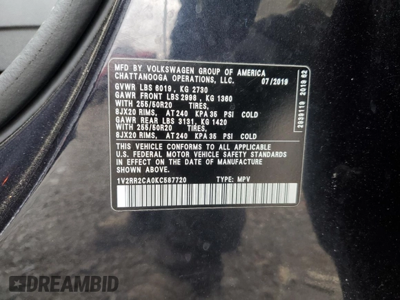 2019 Volkswagen Atlas SEL R-Line с VIN 1V2RR2CA0KC587720, выставлен на аукционе Copart как лот 52920725 с пробегом 61 001 миль миль и Списание • Salvage title. История ставок и продаж доступна на DreamBid. Изображение 14.