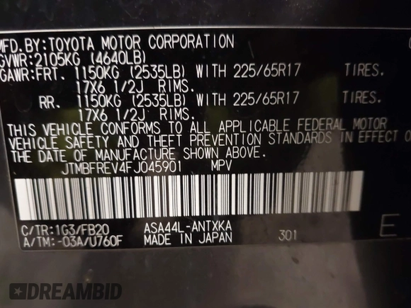 2015 Toyota RAV4 LE with VIN JTMBFREV4FJ045901, listed as a IAAI auction lot 41622711 with 74,505 mi miles. Bid and sale history available at carsss.com. Image 9.