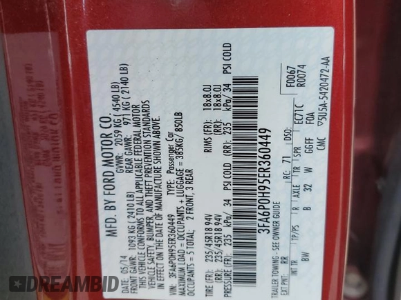 2014 Ford Fusion SE with VIN 3FA6P0H95ER360449, listed as a Copart auction lot 54527605 with 135,740 mi miles and Non Repairable. Bid and sale history available at carsss.com. Image 13.