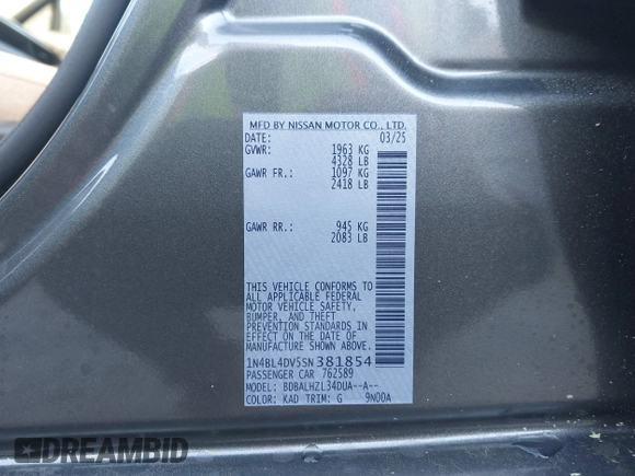 2025 Nissan Altima SV with VIN 1N4BL4DV5SN381854, listed as a IAAI auction lot 41948536 with 309 mi miles and . Bid and sale history available at DreamBid. Image 9.