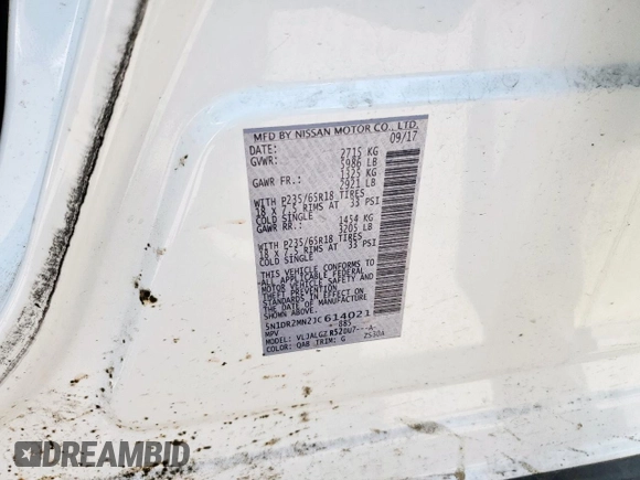 2018 Nissan Pathfinder S z VIN 5N1DR2MN2JC614021, wystawiony jako Copart lot #51286515 z przebiegiem 54 300 mil mil oraz Szkoda całkowita • Salvage title. Historia ofert i sprzedaży dostępna na DreamBid. Obrazek 15.