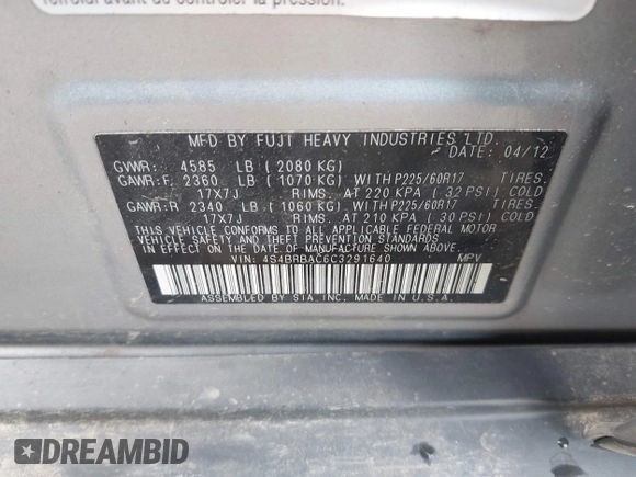 2012 Subaru Outback 2.5i with VIN 4S4BRBAC6C3291640, listed as a IAAI auction lot 42563110 with 183,383 mi miles and . Bid and sale history available at DreamBid. Image 9.
