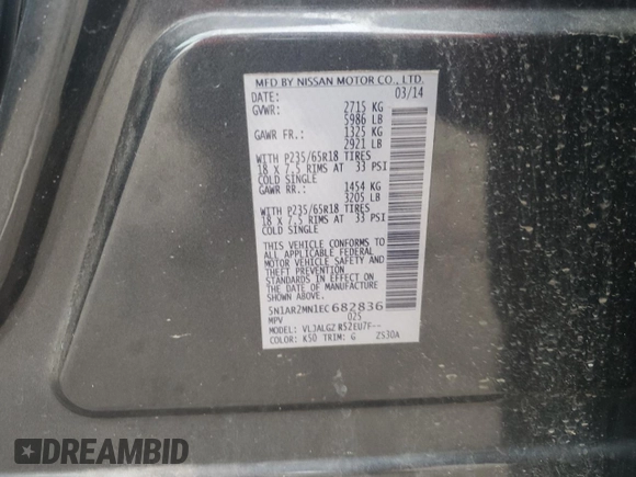 2014 Nissan Pathfinder Platinum with VIN 5N1AR2MN1EC682836, listed as a Copart auction lot 58405845 with 129,559 mi miles and Salvage title. Bid and sale history available at DreamBid. Image 14.