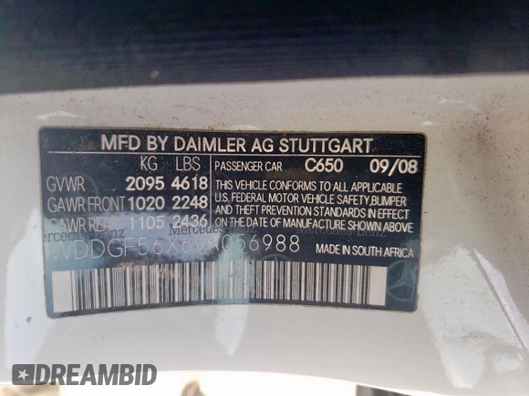 2009 Mercedes-Benz C 350 Sport with VIN WDDGF56X69R056988, listed as a Copart auction lot 58310825 with 153,579 mi miles and Salvage title. Bid and sale history available at DreamBid. Image 12.