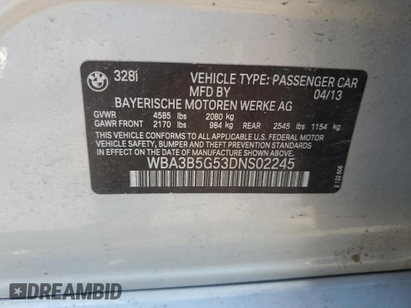 2013 BMW 3 Series 328i xDrive с VIN WBA3B5G53DNS02245, выставлен на аукционе Copart как лот 61544095 с пробегом 123 425 миль миль и Списание • Salvage title. История ставок и продаж доступна на DreamBid. Изображение 12.