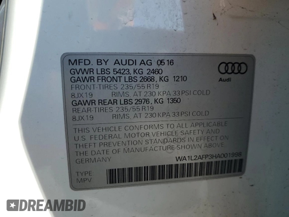 2017 Audi Q5 Premium Plus z VIN WA1L2AFP3HA001998, wystawiony jako Copart lot #60492025 z przebiegiem 58 996 mil mil oraz Szkoda całkowita • Salvage title. Historia ofert i sprzedaży dostępna na DreamBid. Obrazek 12.