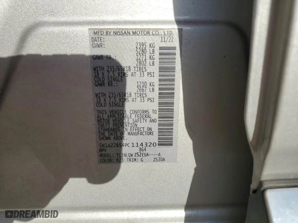 2023 Nissan Murano SV with VIN 5N1AZ2BS4PC114320, listed as a Copart auction lot 48365625 with 49,102 mi miles and Salvage Title. Bid and sale history available at carsss.com. Image 14.