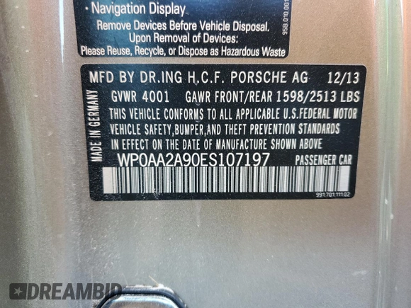 2014 Porsche 911 Carrera with VIN WP0AA2A90ES107197, listed as a Copart auction lot 75607494 with 0 mi miles and Salvage Title. Bid and sale history available at carsss.com. Image 12.