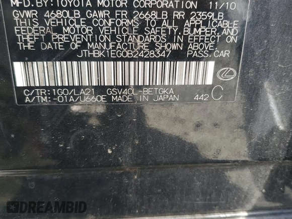 2011 Lexus ES 330 with VIN JTHBK1EG0B2428347, listed as a Copart auction lot 56998345 with 185,716 mi miles and Salvage Title. Bid and sale history available at DreamBid. Image 12.