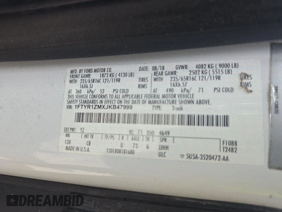 2018 Ford Transit with VIN 1FTYR1ZMXJKB47999, listed as a IAAI auction lot 42787302 with 140,957 mi miles and . Bid and sale history available at DreamBid. Image 6.
