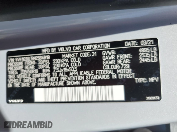 2021 Volvo XC40 Inscription with VIN YV4162UL5M2564818, listed as a Copart auction lot 58443445 with 36,557 mi miles and Salvage title. Bid and sale history available at DreamBid. Image 13.