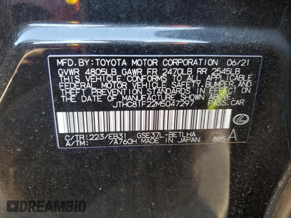2021 Lexus IS with VIN JTHC81F22M5047297, listed as a Copart auction lot 88210705 with 29,038 mi miles and Salvage Title. Bid and sale history available at carsss.com. Image 12.