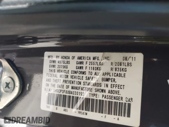 2011 Honda Accord EX-L with VIN 1HGCP3F8XBA030192, listed as a IAAI auction lot 42847430 with Not provided miles and . Bid and sale history available at DreamBid. Image 9.