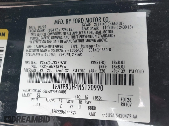 2022 Ford Mustang EcoBoost with VIN 1FATP8UH4N5120990, listed as a IAAI auction lot 41533145 with 46,562 mi miles. Bid and sale history available at carsss.com. Image 9.
