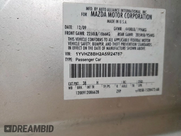 2010 Mazda 6 i Sport с VIN 1YVHZ8BH2A5M24787, выставлен на аукционе Copart как лот 60811725 с пробегом 148 500 миль миль и Списание • Salvage title. История ставок и продаж доступна на DreamBid. Изображение 13.