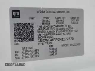 2022 Chevrolet Express Cargo with VIN 1GCWGAFP0N1177570, listed as a Copart auction lot 54801965 with 36,636 mi miles and Salvage title. Bid and sale history available at DreamBid. Image 12.