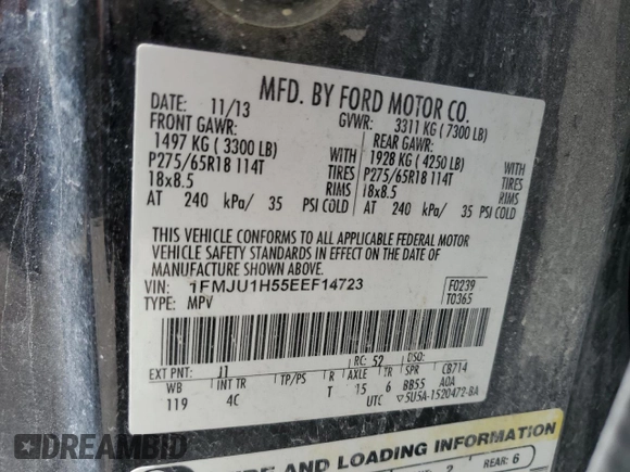 2014 Ford Expedition XLT z VIN 1FMJU1H55EEF14723, wystawiony jako Copart lot #56455855 z przebiegiem 163 748 mil mil oraz Szkoda całkowita • Salvage title. Historia ofert i sprzedaży dostępna na DreamBid. Obrazek 13.